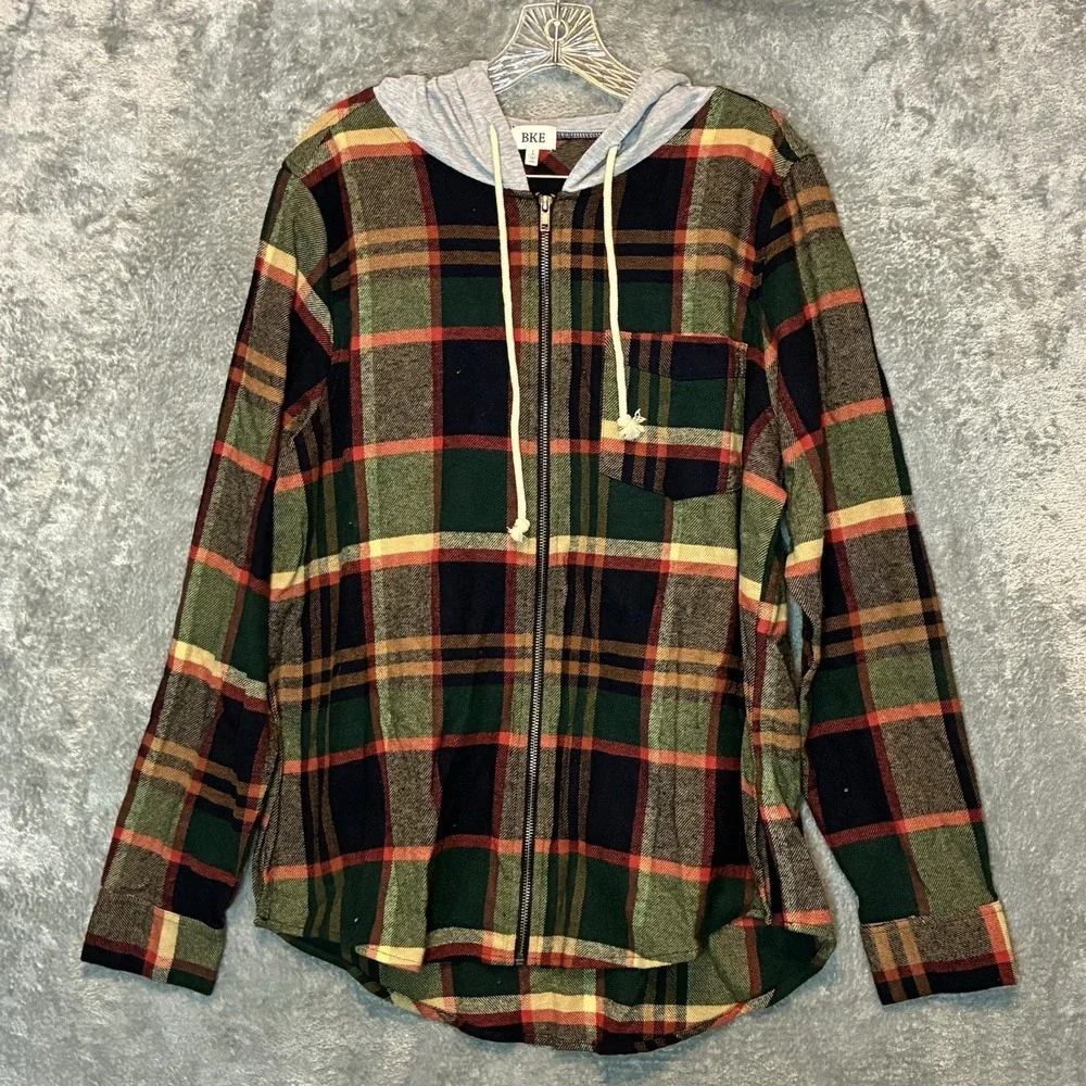 Buckle Mens Plaid Full Zip Hoodie Flannel Shirt L Cozy Cabin Shacket Layering
